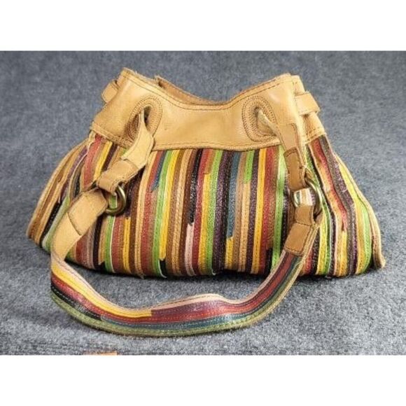 Lucky Brand Sunshine Daydream Hobo Shoulder Bag Cognac Leather‎ Striped Boho - Picture 1 of 10